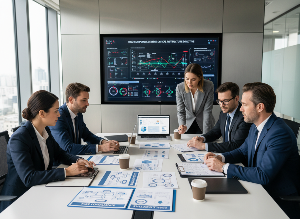 Business executives reviewing NIS2 compliance documentation in a modern office setting