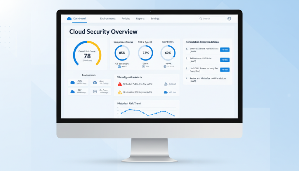 Cloud Security Posture Management dashboard showing configuration risks for cloud security provider selection