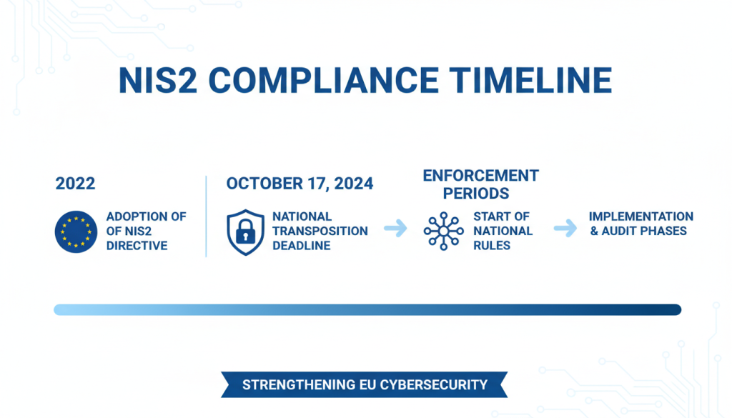 European Union cybersecurity regulation NIS2 compliance timeline showing key dates and deadlines