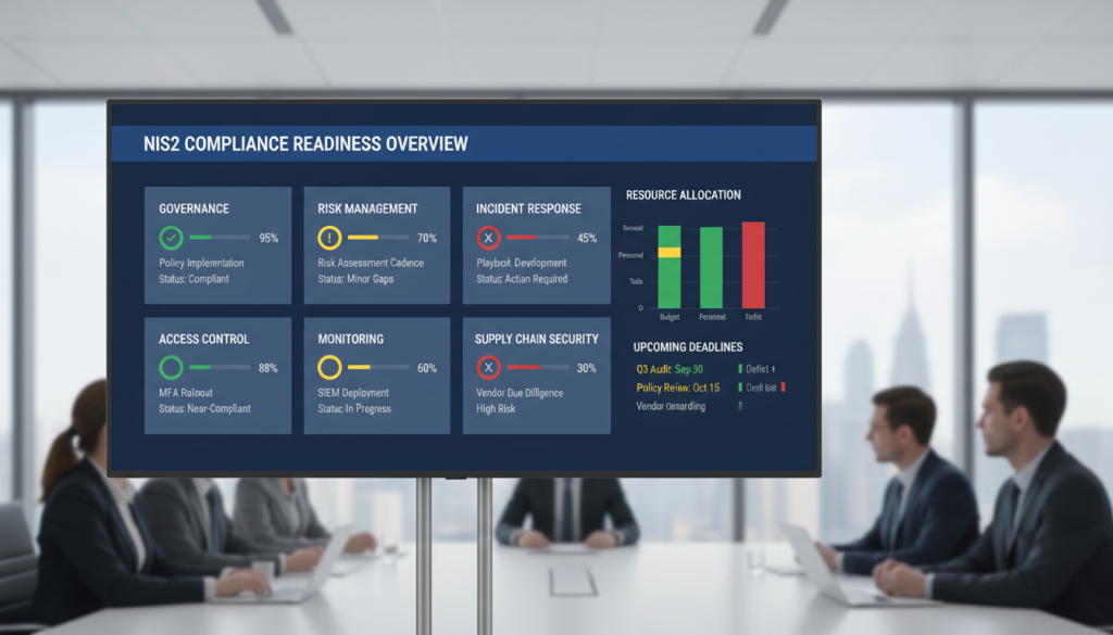Executive dashboard showing NIS2 compliance readiness status across key control areas