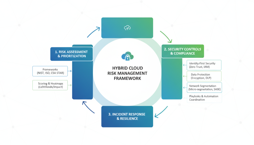 Framework for hybrid cloud risk management showing assessment, controls, and incident response