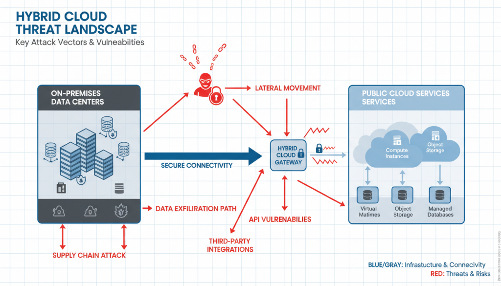 Hybrid cloud security threat landscape showing attack vectors across on-premises and cloud environments