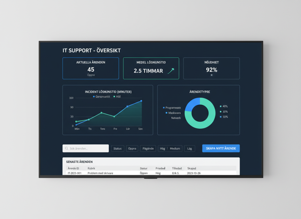 IT-support dashboard visar &auml;rendehantering och uppf&ouml;ljning f&ouml;r beslutsfattare