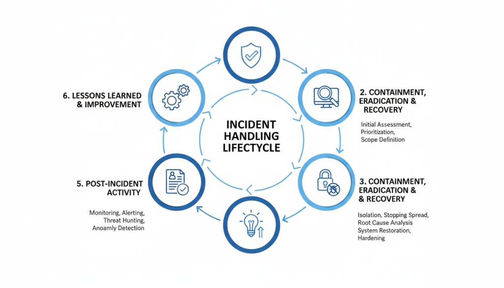 Incident handling lifecycle showing detection, triage, and containment phases