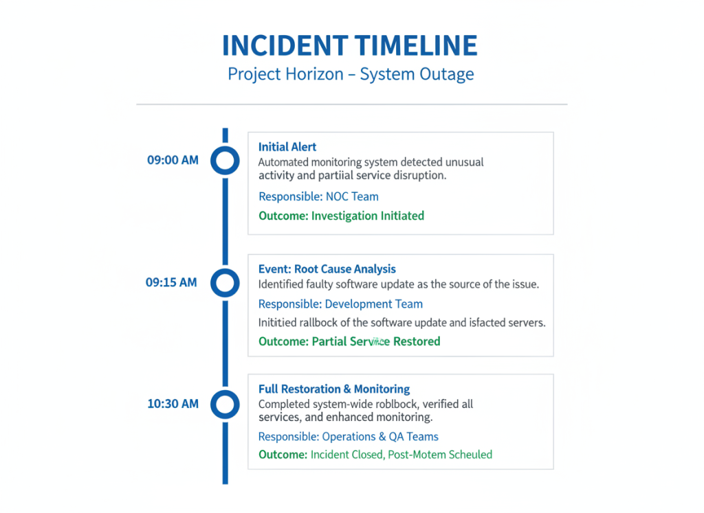 Incident timeline template showing key events and timestamps