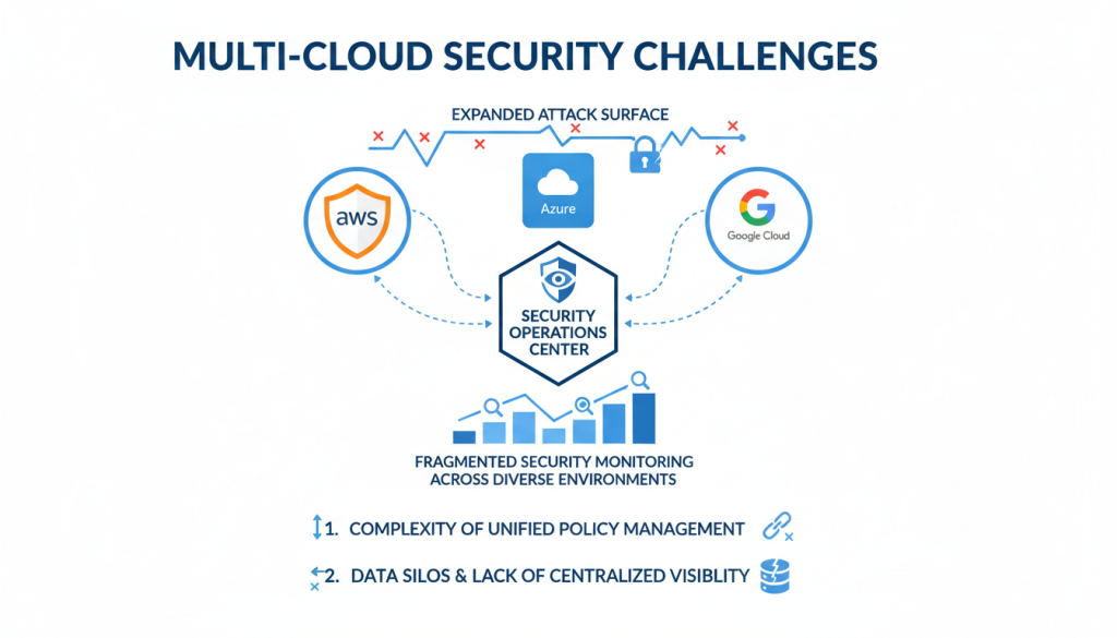 Multi-cloud security challenges diagram showing increased attack surface with cloud security provider selection considerations