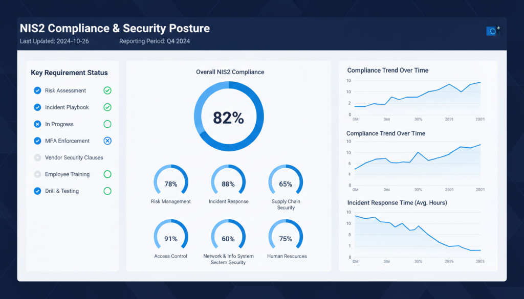 NIS2 compliance maturity dashboard with metrics and KPIs