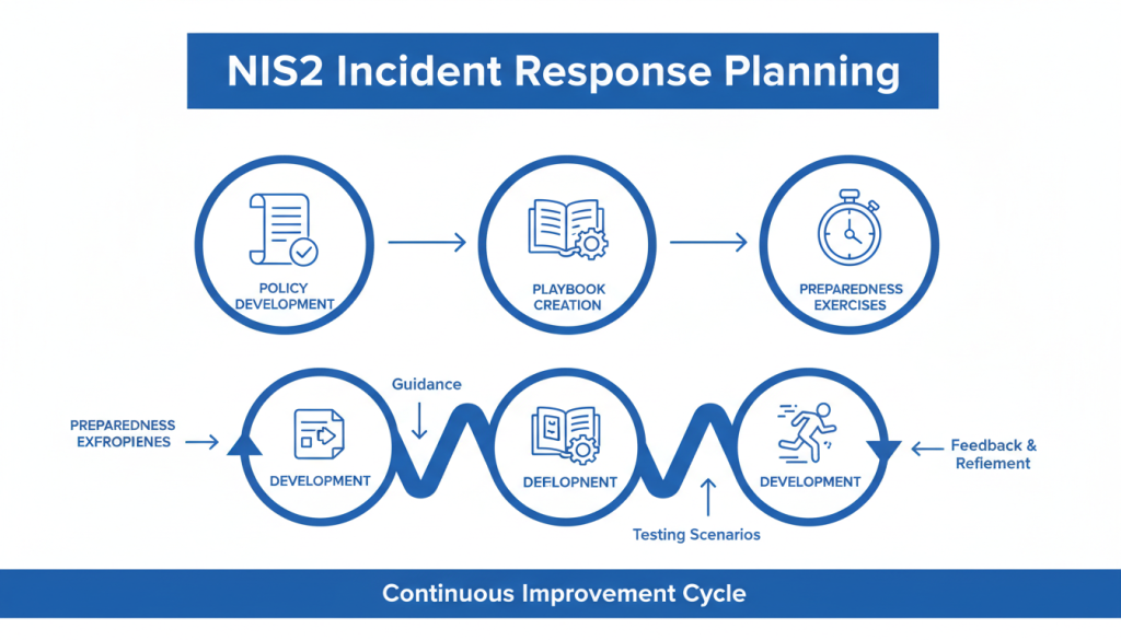 NIS2 incident response planning process showing policy, playbook, and exercise components