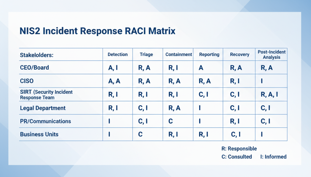 RACI matrix for NIS2 incident response showing roles and responsibilities