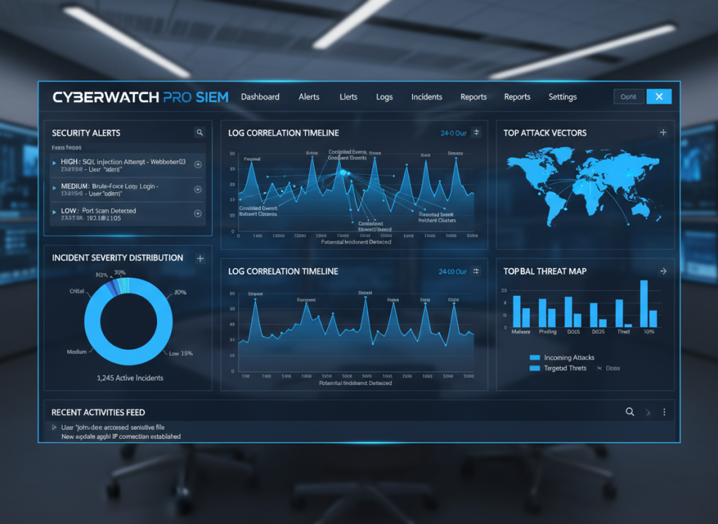 SIEM dashboard showing security alerts and incident detection