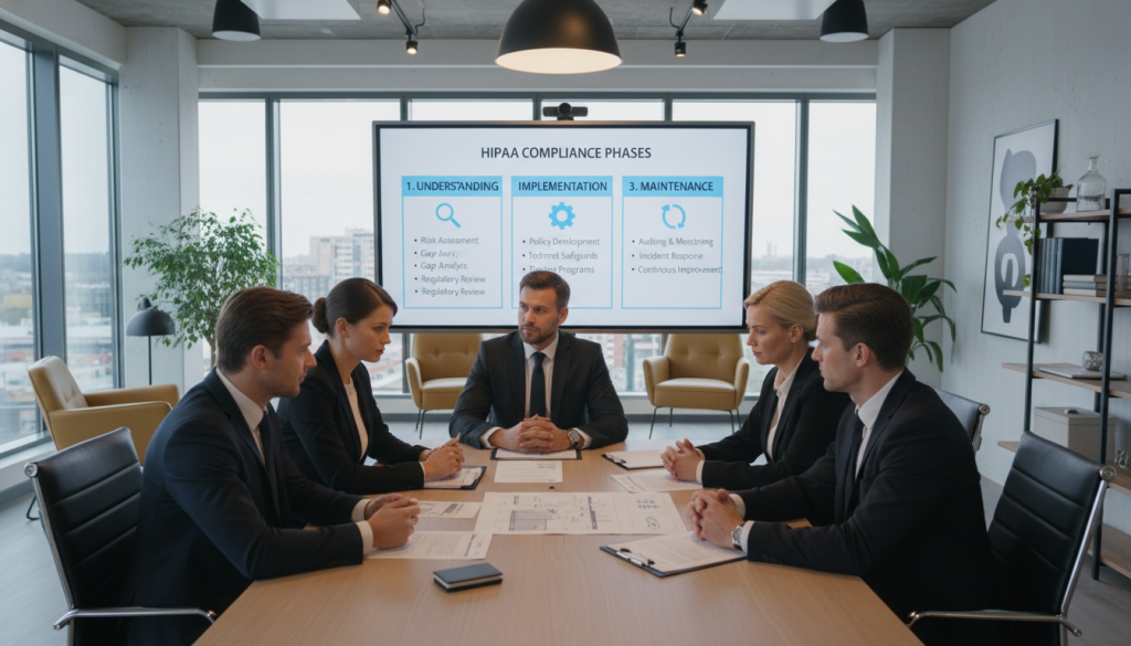 Vilka är de tre faserna i HIPAA-efterlevnad?